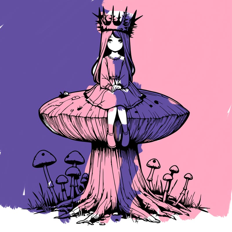 realistic girl sitting on a huge tree stump size toadstool with thorn crown