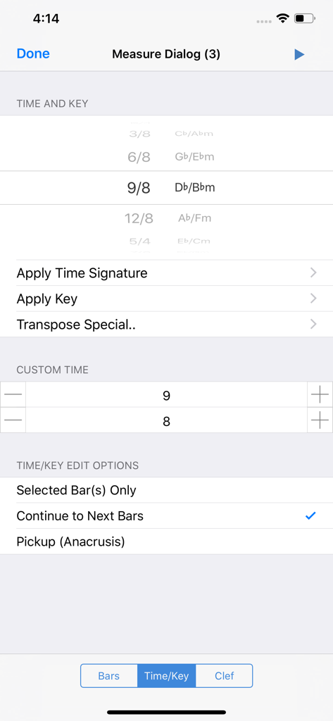 Symphony Pro - Music Notation - Symphony Pro app interface for selecting music time and key signatures