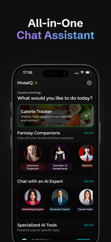 Mosa AI: Chatbot Assistant - Mosa AI app home screen featuring calorie tracker fantasy companions and AI business experts