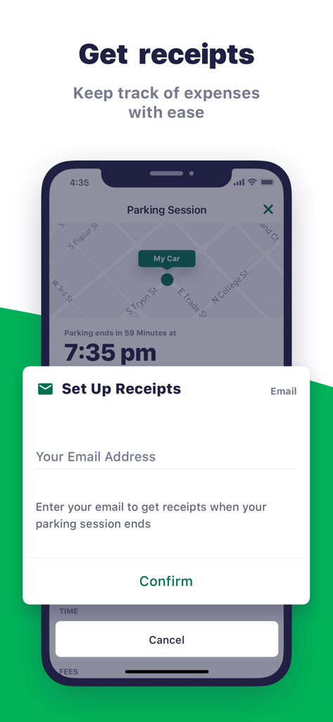 Green P - Green P mobile app screenshot showing the setup screen for automated email receipts to track parking expenses.