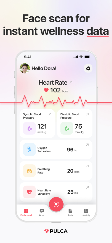 Heart Rate, HRV Tracker: Pulca - Pulca app interface showing heart rate and health metrics from an AI face scan