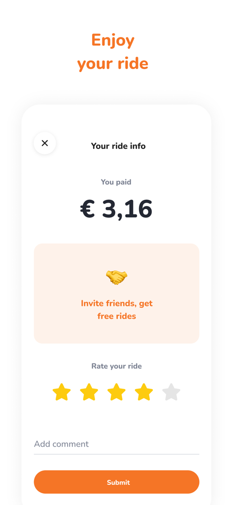 Kai Ride - Tela do aplicativo Kai Ride mostrando um resumo de pagamento de viagem de 3,16 euros com opções para convidar amigos e avaliar a viagem