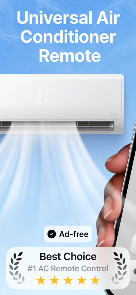 A smartphone interface controlling a wall mounted air conditioning unit displaying five stars and ad free features