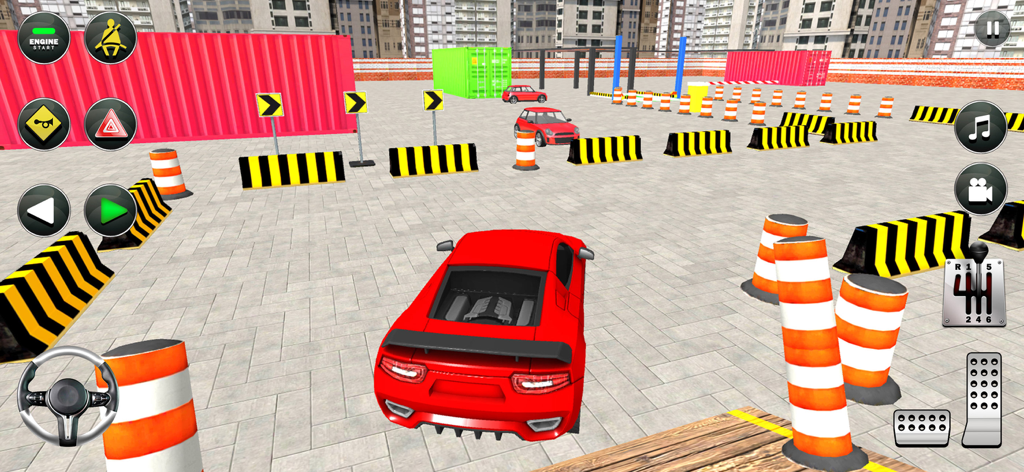 Car Parking Lot: Parking Games - A red sports car navigating a parking obstacle course with cones and barriers in a 3D simulator game