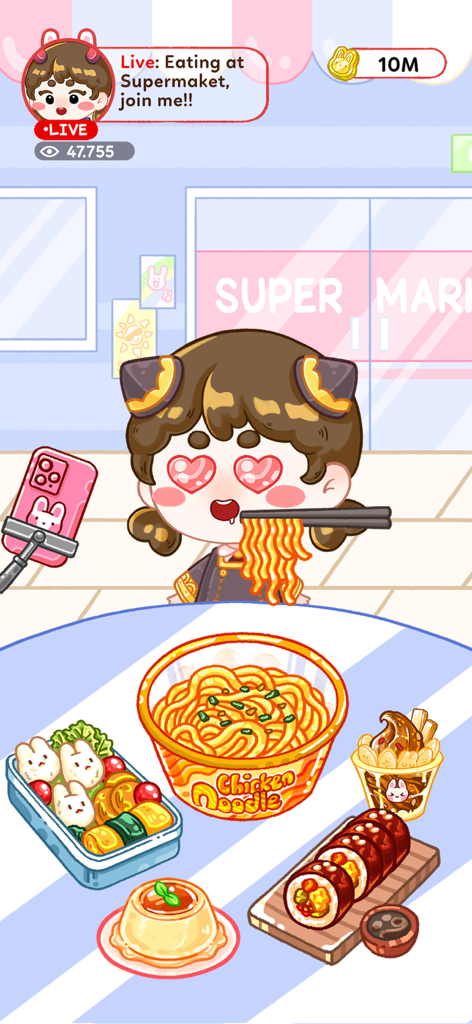 Cartoon character eating noodles during a virtual Mukbang livestream
