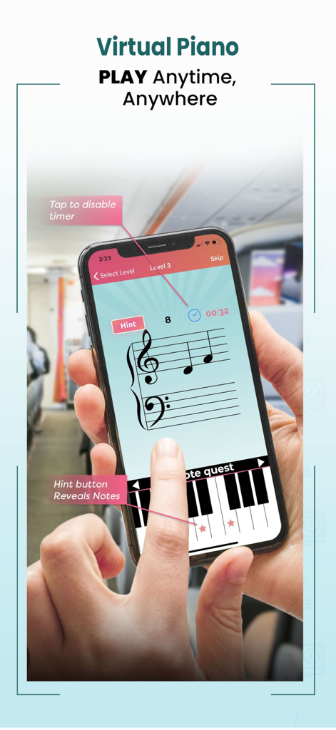A user practicing piano notes on the Note Quest virtual keyboard while traveling