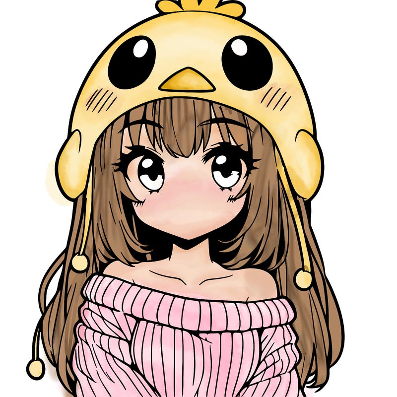 anime girl with chick shaped hat with sweater with bare shoulders with bangs covering them one eye with low tail
