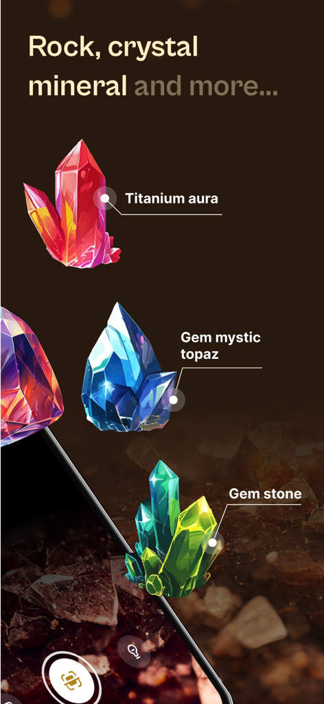 Interface de aplicativo móvel identificando cristais de aura de titânio e topázio místico com digitalização por IA