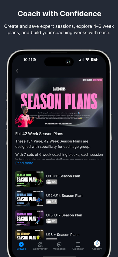 Touchtight Soccer Training app displaying 42 week season plans for various age groups.