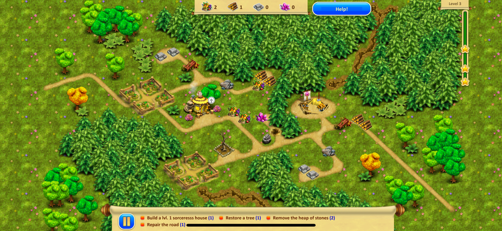 Gnomes Garden 1 - Captura de pantalla del juego Gnomes Garden 1 que muestra tareas de gestión de recursos y construcción en un nivel de bosque exuberante.