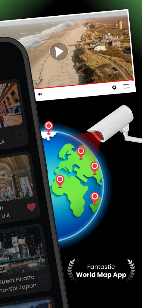 Live Earth Map - Online Camera - Smartphone displaying live beach camera stream and world map locations.