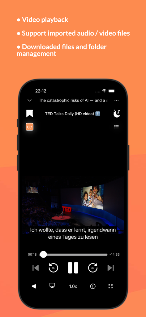 Podcast App - PlaydioCast - PlaydioCast app interface showing video playback of a TED Talk with real-time subtitles and media management features