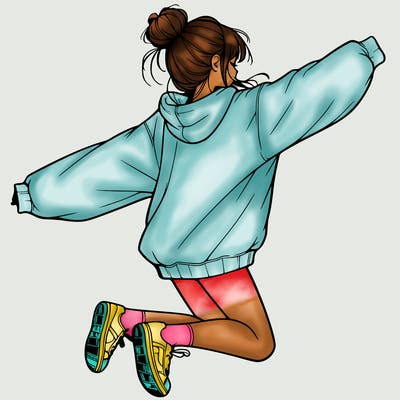 realistic girl jumping with a bun and oversized sweatshirt