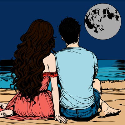realistic couple on beach sat looking out to sea under the moon woman has long wavy hair man has short hair