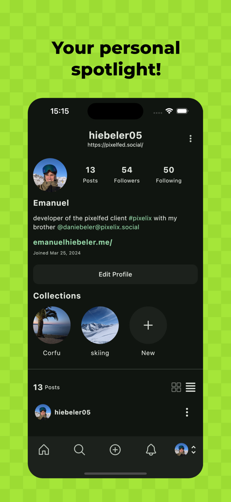 Pixelix - A Pixelfed Client - A screenshot of the Pixelix user profile page displaying post counts, followers, and photo collections on a dark interface.