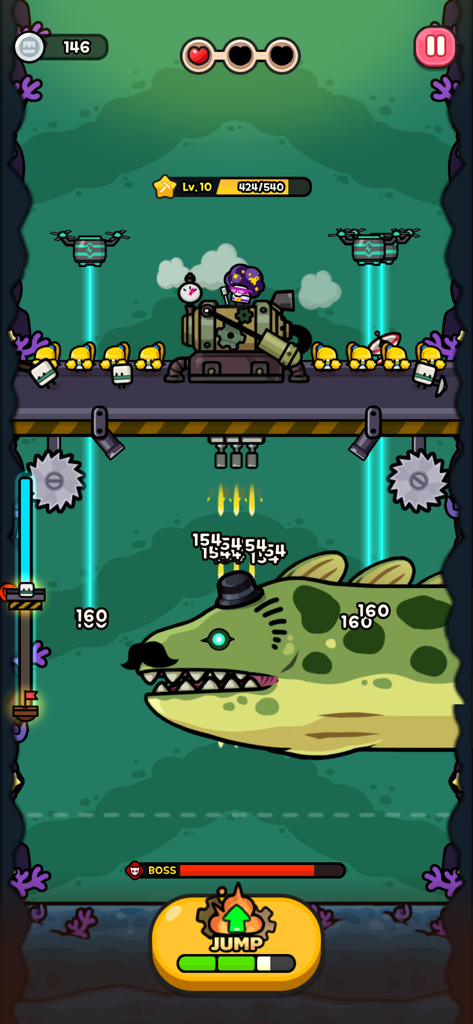 A screenshot of DDDigger gameplay featuring a cute alien character fighting a giant green boss monster.