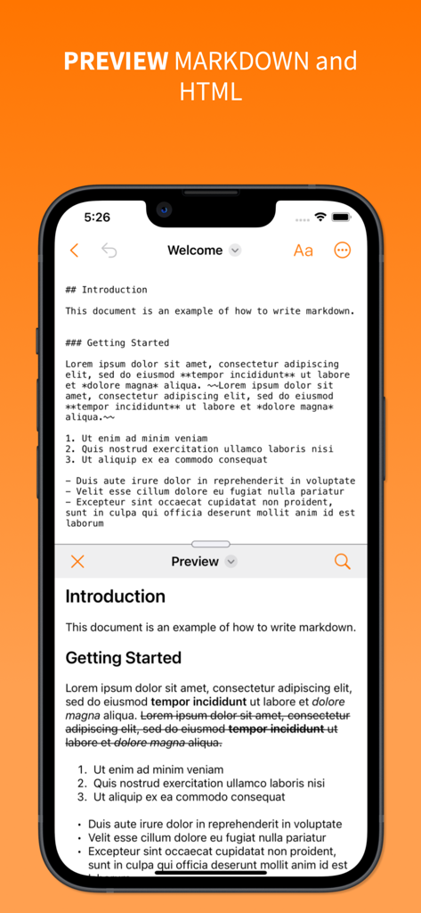 EZText - Text Editor - EZText editor displaying raw markdown text and its rendered preview on a mobile screen
