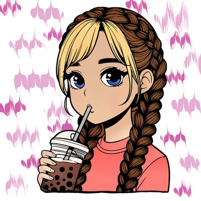 realistic girl with braided hair drinking boba