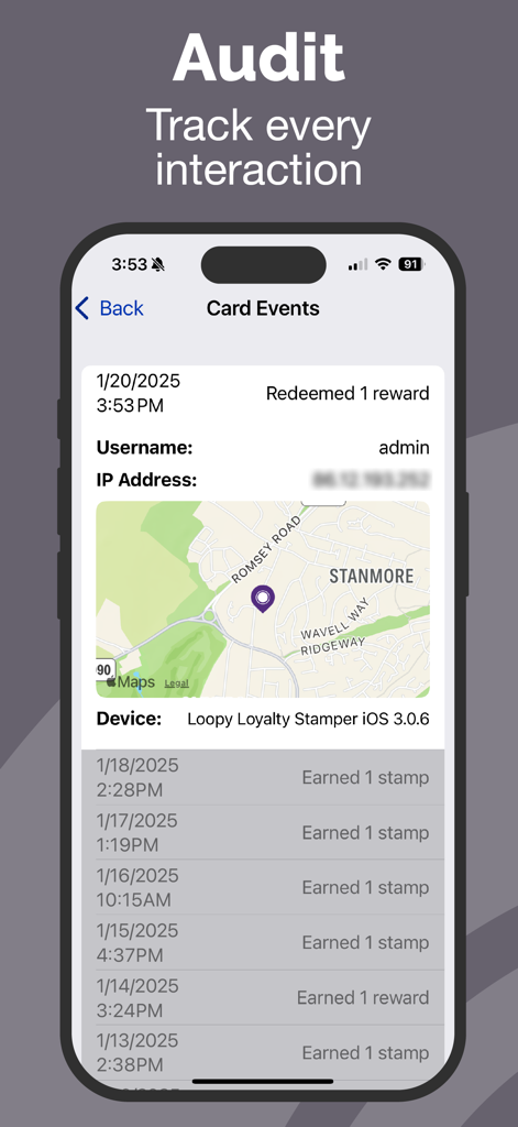 Audit screen of the Loopy Loyalty Stamper app showing transaction history and location tracking for digital loyalty cards.
