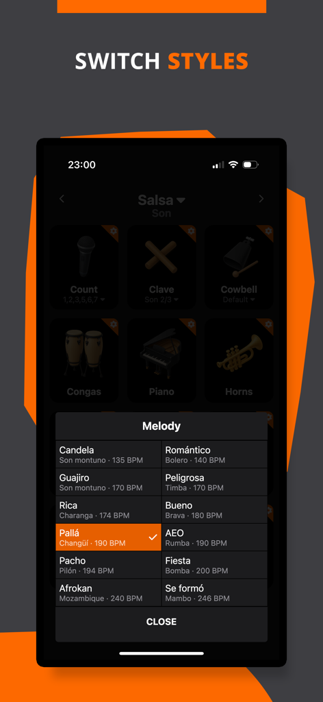 Salsa Rhythms - BeatLab - Salsa Rhythms app interface showing a list of various salsa melody styles with BPM details.