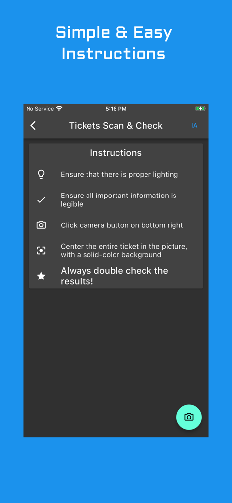 Instruction screen showing how to scan lottery tickets in the app