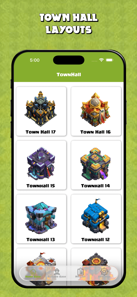 Map Layout for Clash of Clans - A list of different Clash of Clans Town Hall levels available for base layout selection in the app.