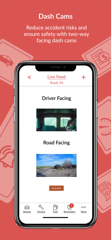 AUTOsist Fleet Management App - AUTOsist app showing two-way dash cam live feeds with driver-facing and road-facing views for fleet safety.