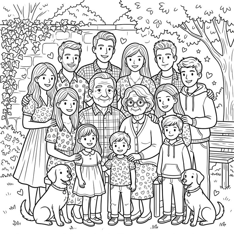 Relive the warmth and joy of family gatherings with this charming multi-generational family reunion coloring page. It's a wonderful way to celebrate love and create new memories through art, perfect for all ages.