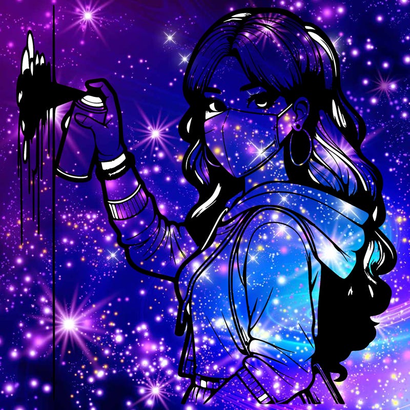 realistic girl with mask spray painting a wall