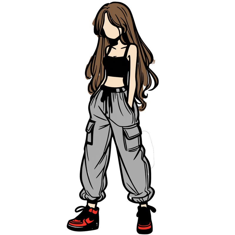 girl in baggy pants crop top and long hair