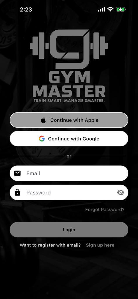 Gym Master app login screen featuring Apple and Google sign in options