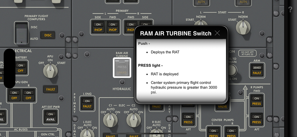 Acron B787 Cockpit Fam. - Detailed interactive description of the Ram Air Turbine switch in a Boeing 787 cockpit training application