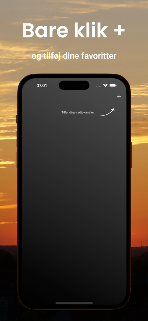 Radio+ - Radio plus app interface showing how to add radio channels with a minimalist sunset backdrop