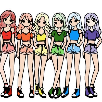 a group of girls wearing crop tops and shorts