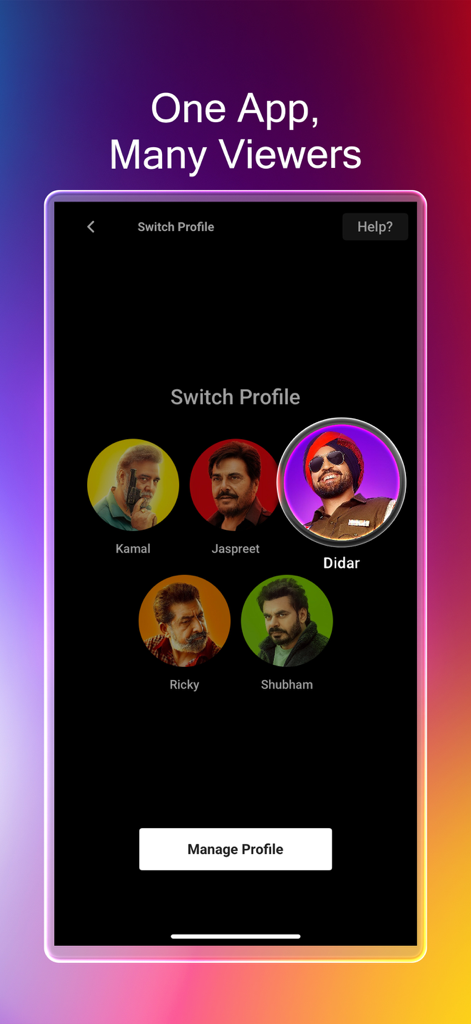 Chaupal - Movies & Web Series - Pantalla de la aplicación Chaupal que muestra múltiples perfiles de usuario para una experiencia de streaming personalizada.