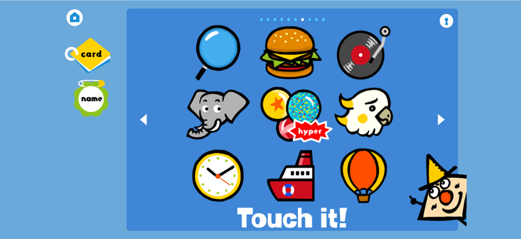 TouchCard -Lots of Kids Games! - Interactive menu screen of the TouchCard app featuring a grid of colorful icons like an elephant, burger, and hot air balloon for children to play