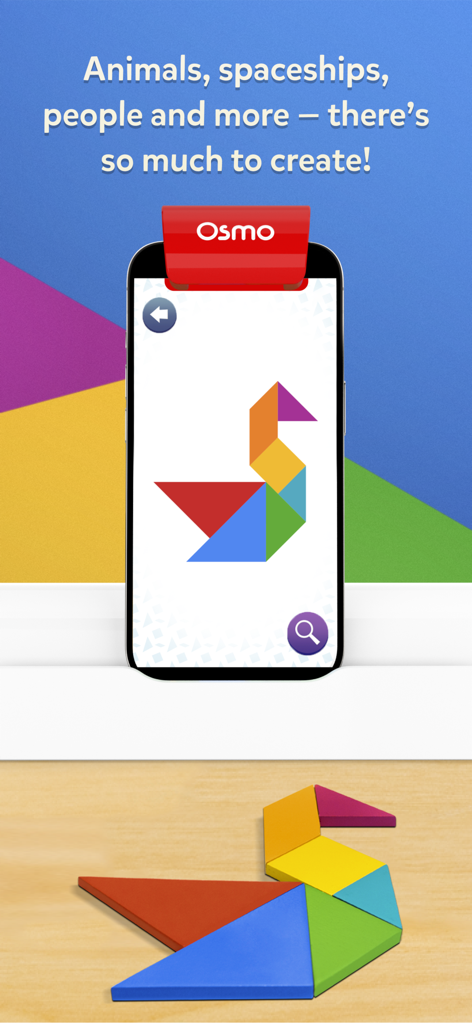 Osmo Tangram - Osmo Tangram app on iPhone showing a swan puzzle with physical wooden blocks matching the screen