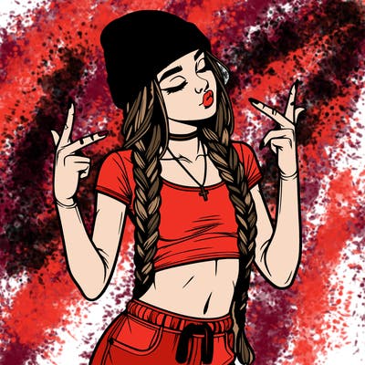 realistic teenage girl with braids and a beanie and crop top doing 🫶🏼