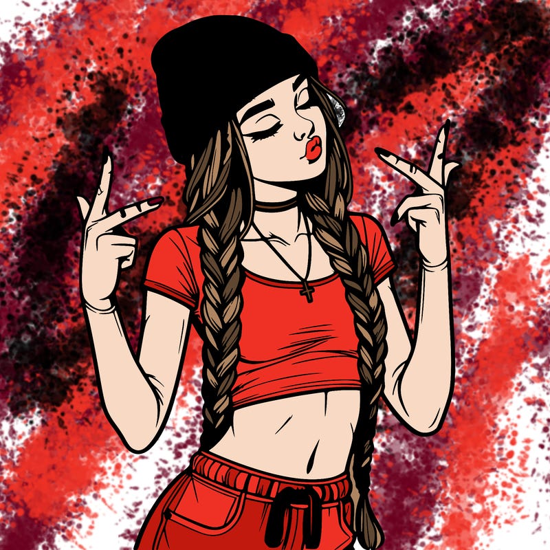 realistic teenage girl with braids and a beanie and crop top doing 🫶🏼