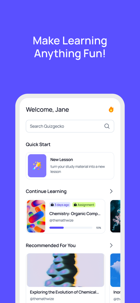 Quizgecko: AI Flashcards - Quizgecko AI flashcards app home screen showing study progress and lessons