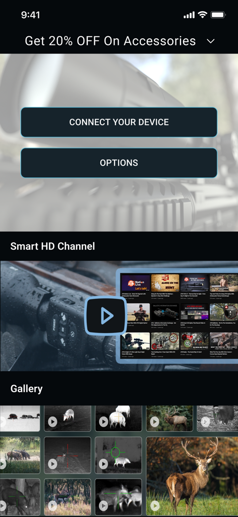 ATN Obsidian 4 - Main interface of the ATN Obsidian 4 app featuring device connection buttons, a video channel, and a hunting footage gallery.