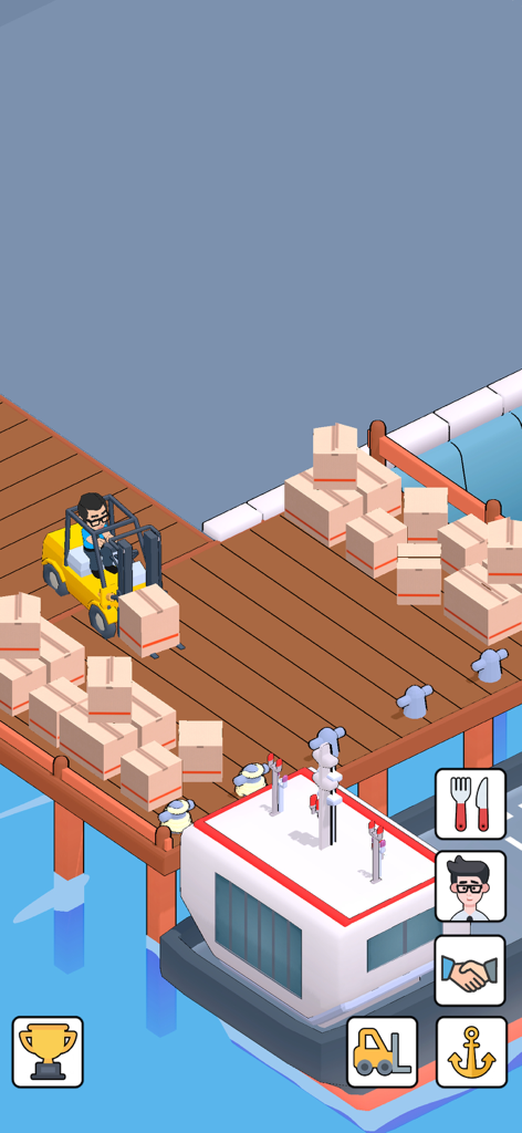 My Fishing Market  Idle Empire - Un personaje operando un montacargas amarillo para mover cajas de carga en un muelle de madera junto a un barco atracado.