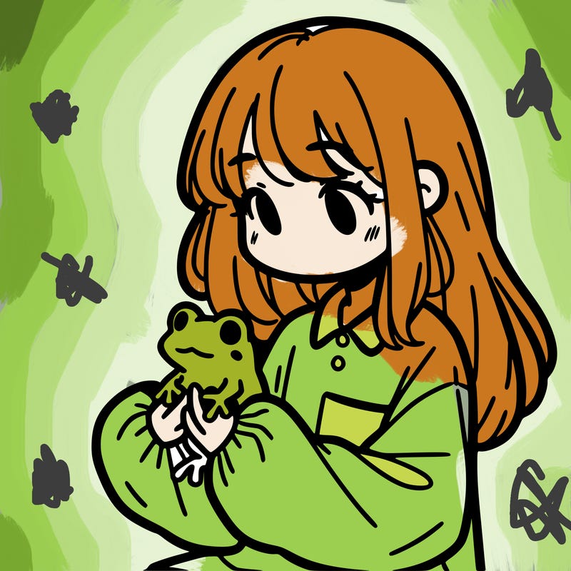 girl with long hair and a oversized shirt. and she is holding a frog