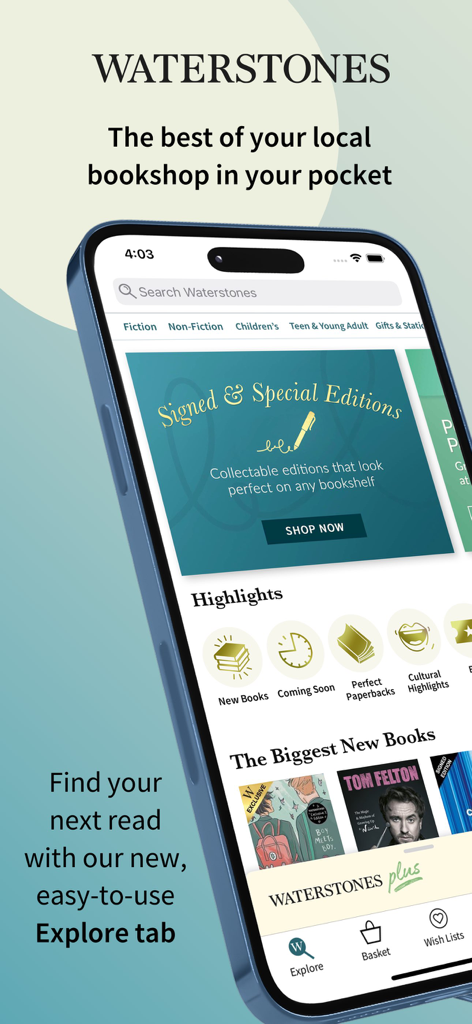 Bildschirm „Entdecken“ der Waterstones-App mit signierten und Sonderbuchausgaben sowie kuratierten Highlights.
