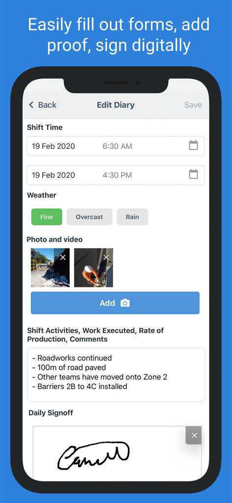 Dashpivot - Dashpivot mobile app showing a digital site diary with construction photos and a digital signature.