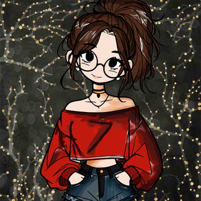 girl with a messy ponytail glasses a baggy crop top and jean shorts