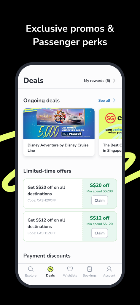 Pelago app deals screen showing exclusive travel promotions and KrisFlyer mile rewards
