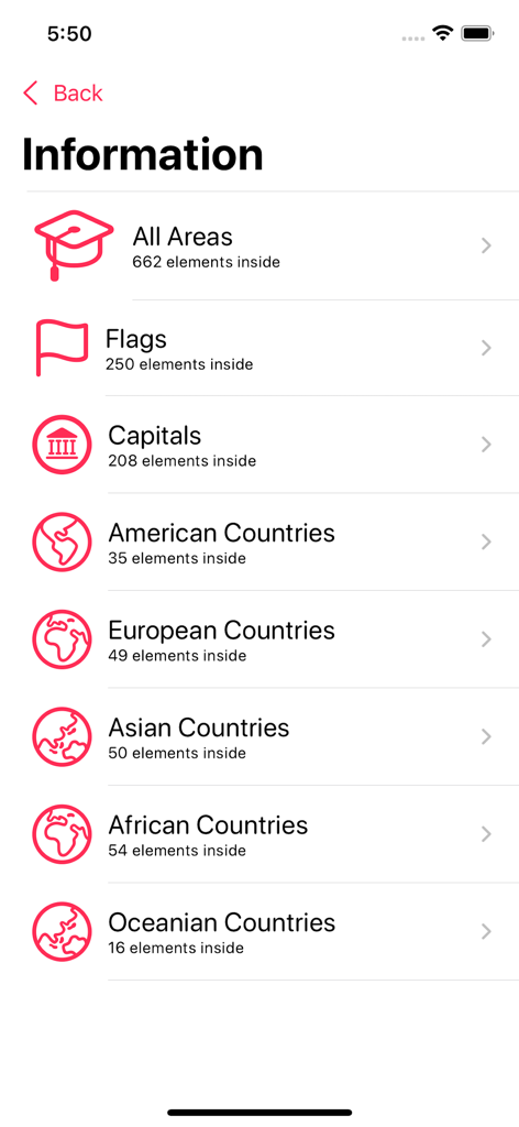 Flags & Countries Quiz! - Menu screen showing geography quiz categories including flags, capitals, and countries by continent
