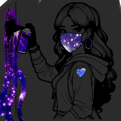 realistic girl with mask spray painting a wall