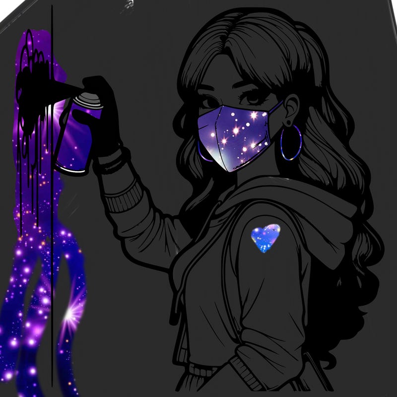 realistic girl with mask spray painting a wall